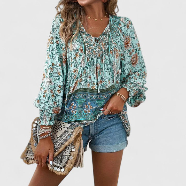 Celeste Boho Lace-Up V-Neck Blouse
