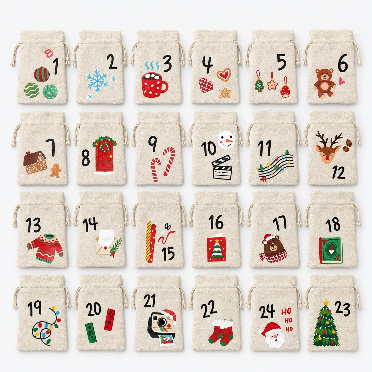 Fabric Bag Advent Calendar 2026 with 24 Numbered Drawstring Bags Holiday Countdown Fillable_2