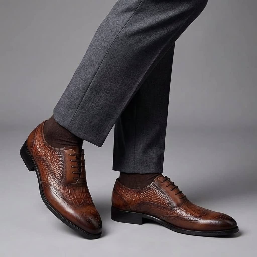 Weldon Croc Embossed Leather Brogue Shoes_13
