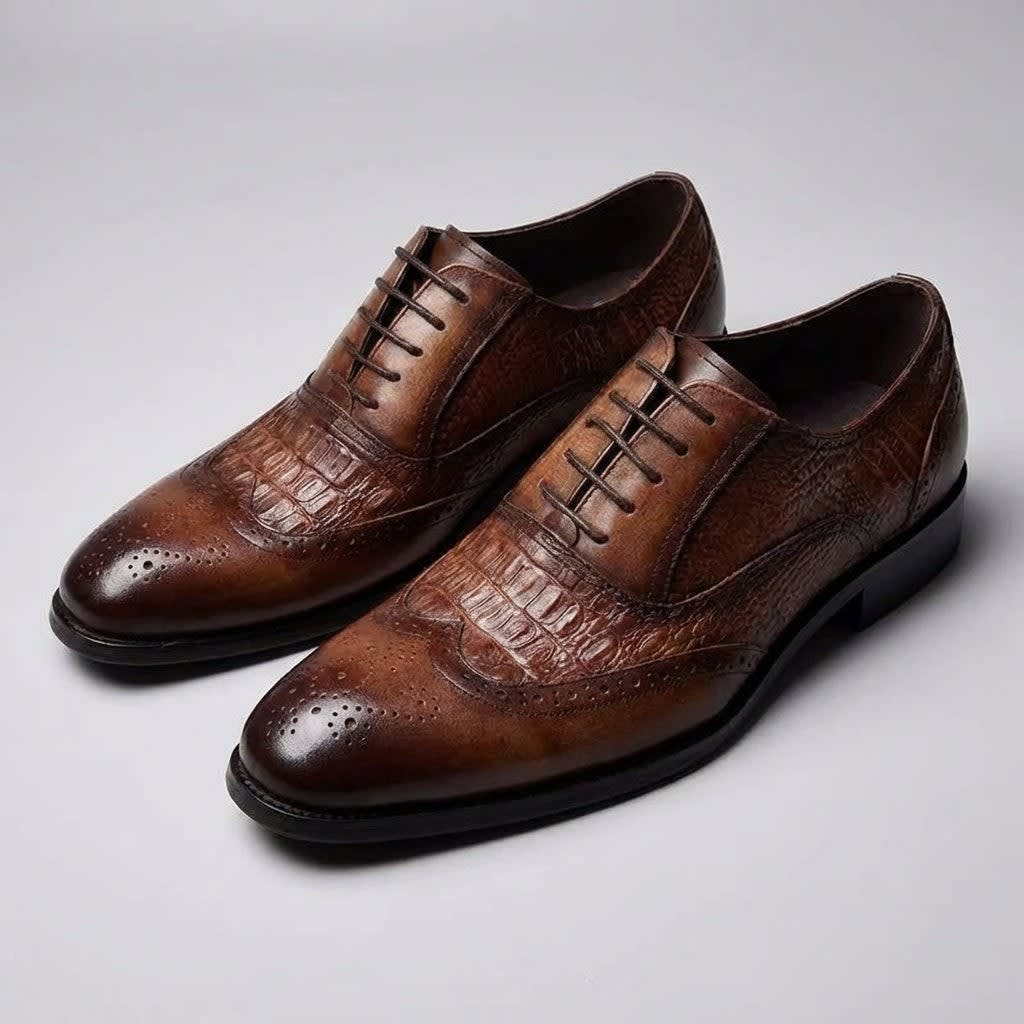 Weldon Croc Embossed Leather Brogue Shoes_16