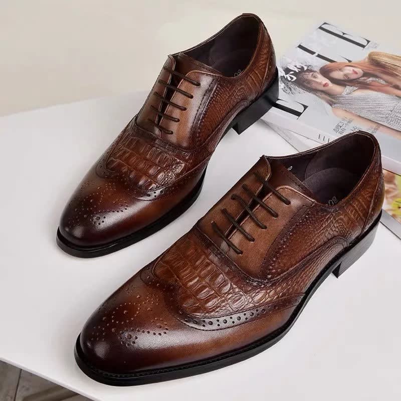 Weldon Croc Embossed Leather Brogue Shoes_5