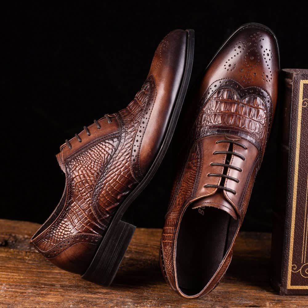 Weldon Croc Embossed Leather Brogue Shoes_7