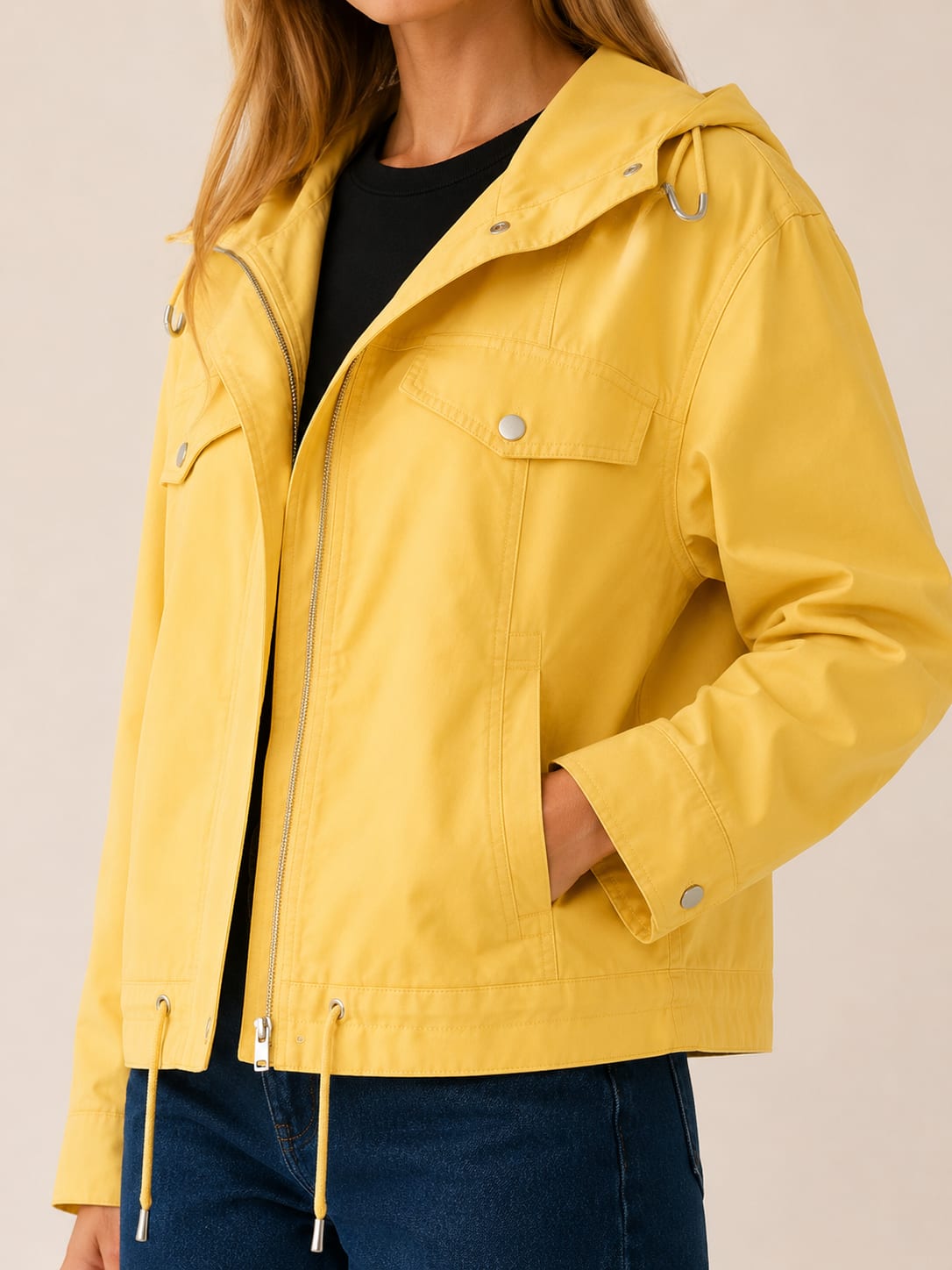 Iris Butter Yellow Hooded Moto Biker Jacket_4