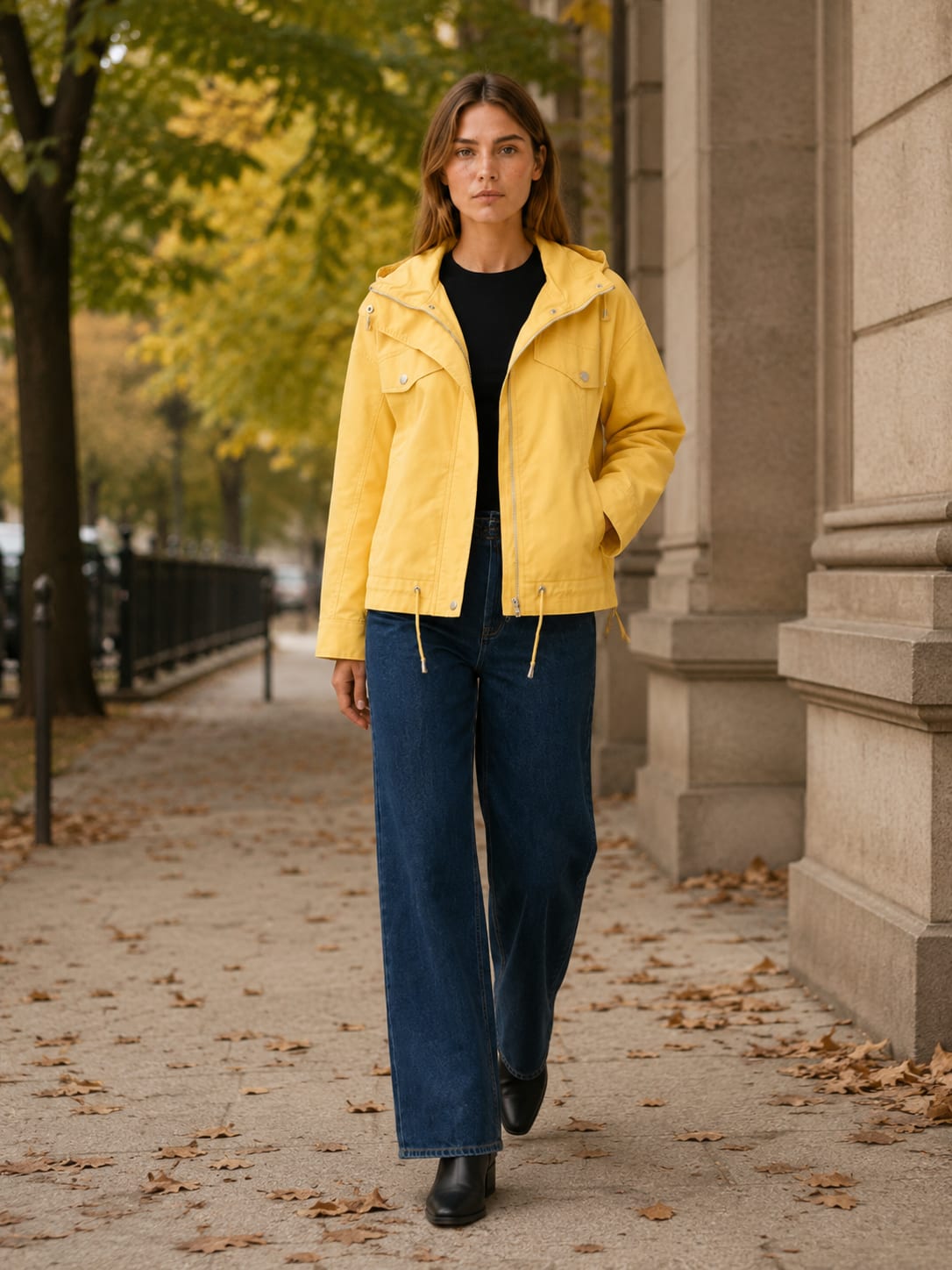 Iris Butter Yellow Hooded Moto Biker Jacket_5