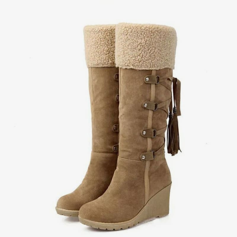 Rose Faux Suede Sherpa Cuff Wedge Knee High Boots_1