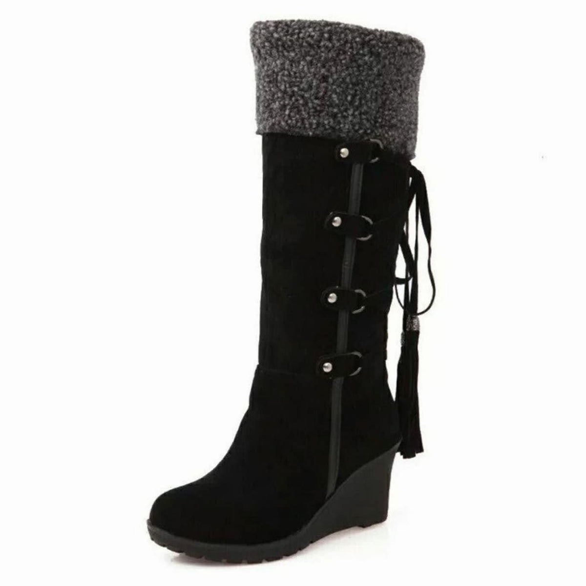Rose Faux Suede Sherpa Cuff Wedge Knee High Boots_4