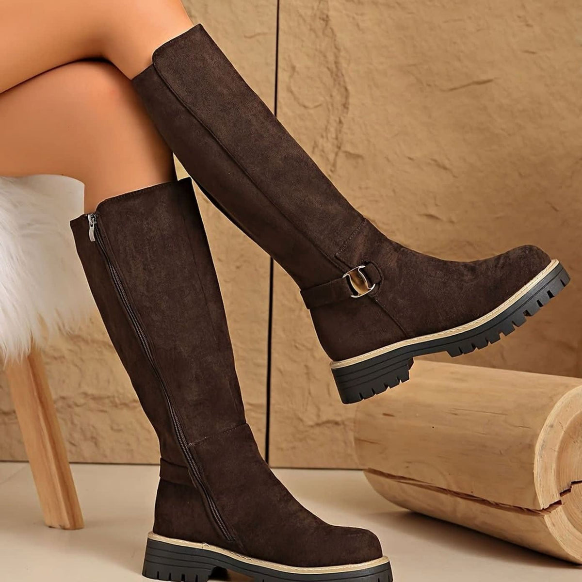 Laura Faux Suede Lug Sole Knee High Boots_10