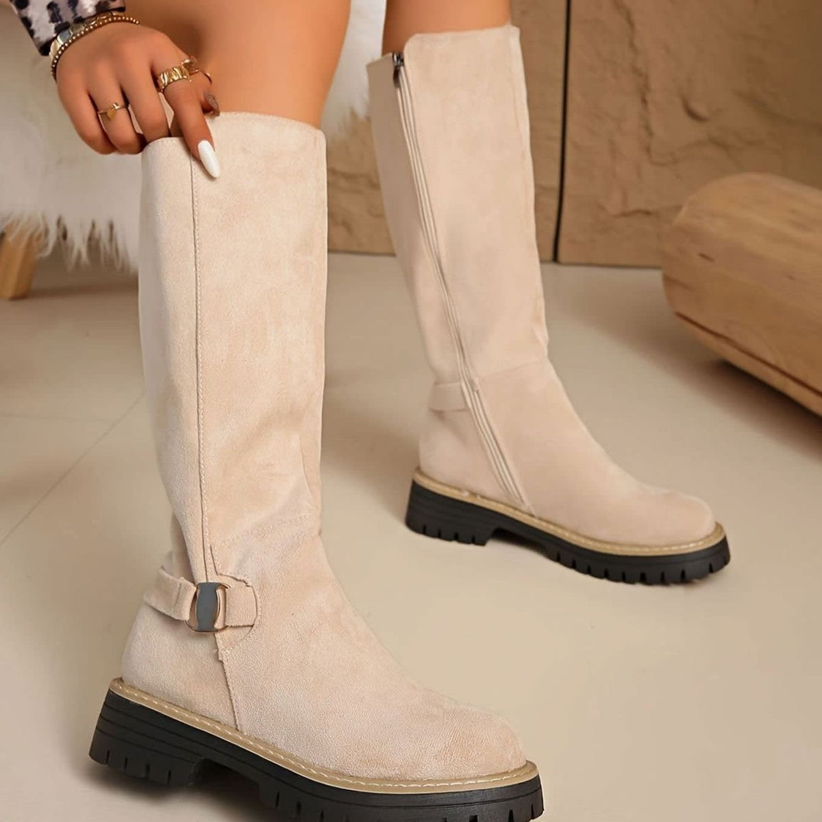 Laura Faux Suede Lug Sole Knee High Boots_11