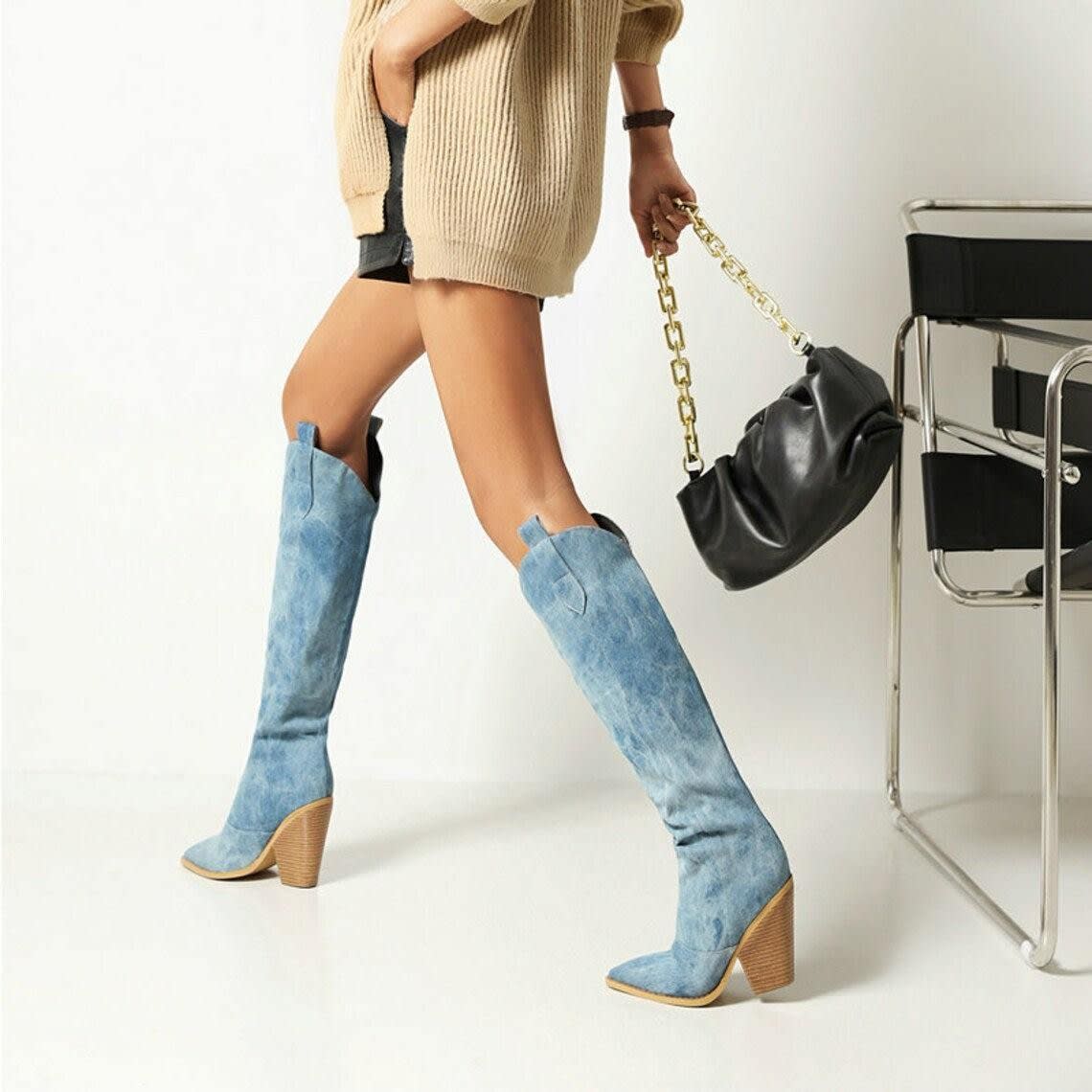 Jade Denim Knee High Block Heel Cowgirl Boots_5