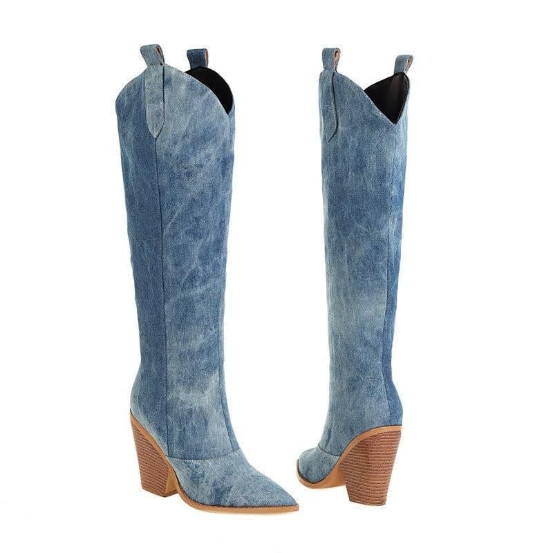 Jade Denim Knee High Block Heel Cowgirl Boots_6