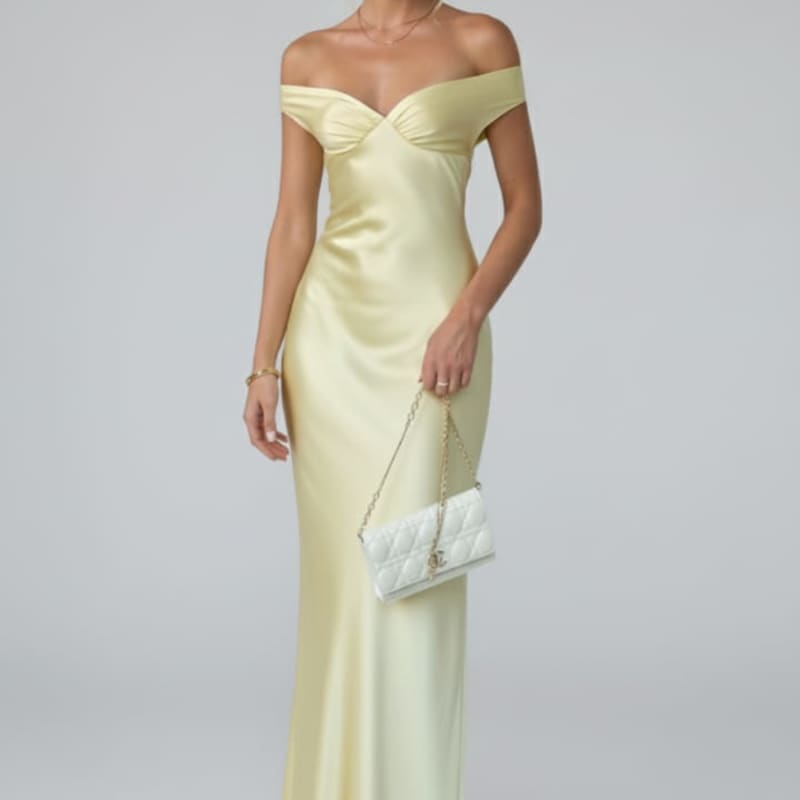 Saskia Butter Yellow Off Shoulder Satin Homecoming Maxi Dress_1