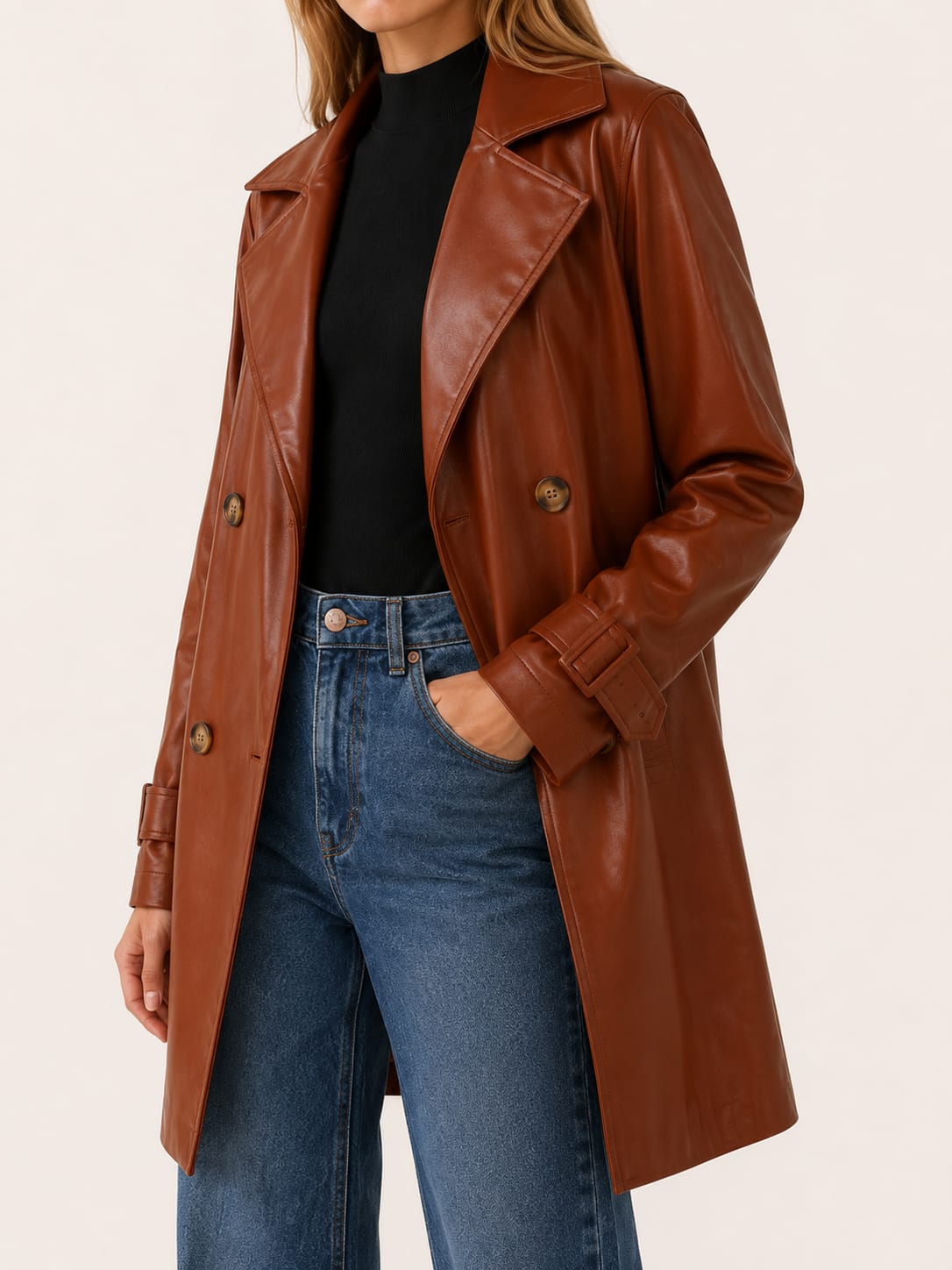 Colette Double Breasted Faux Leather Trench Coat_4