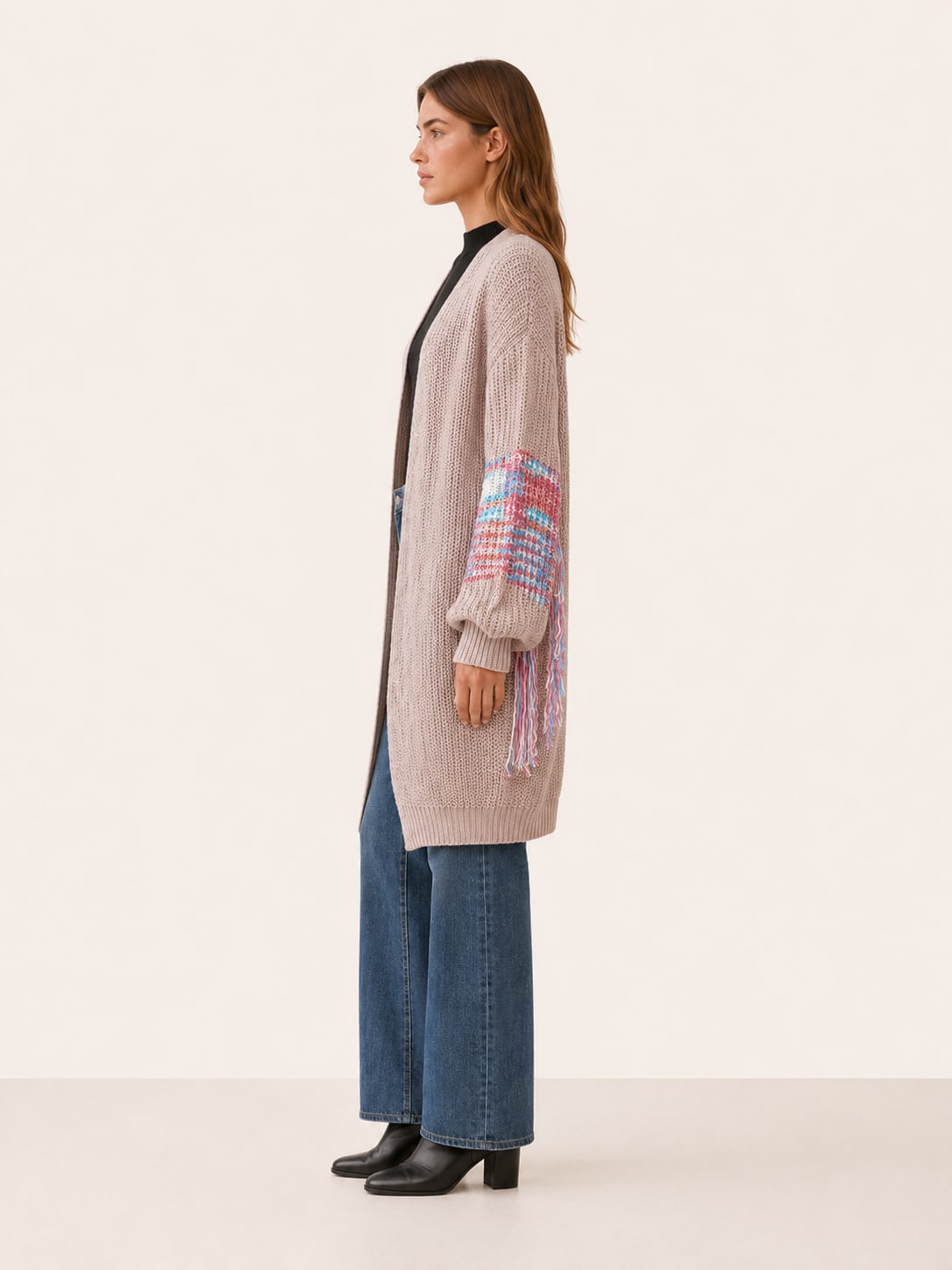 Noelle Fringe Trim Open Front Longline Knit Cardigan_3