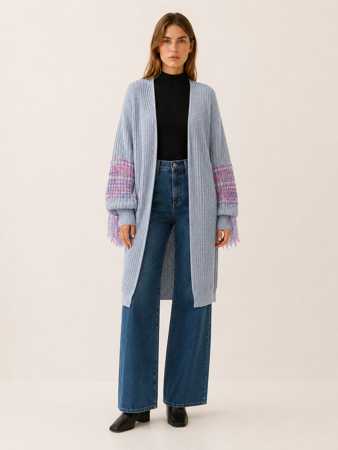 Noelle Fringe Trim Open Front Longline Knit Cardigan_6