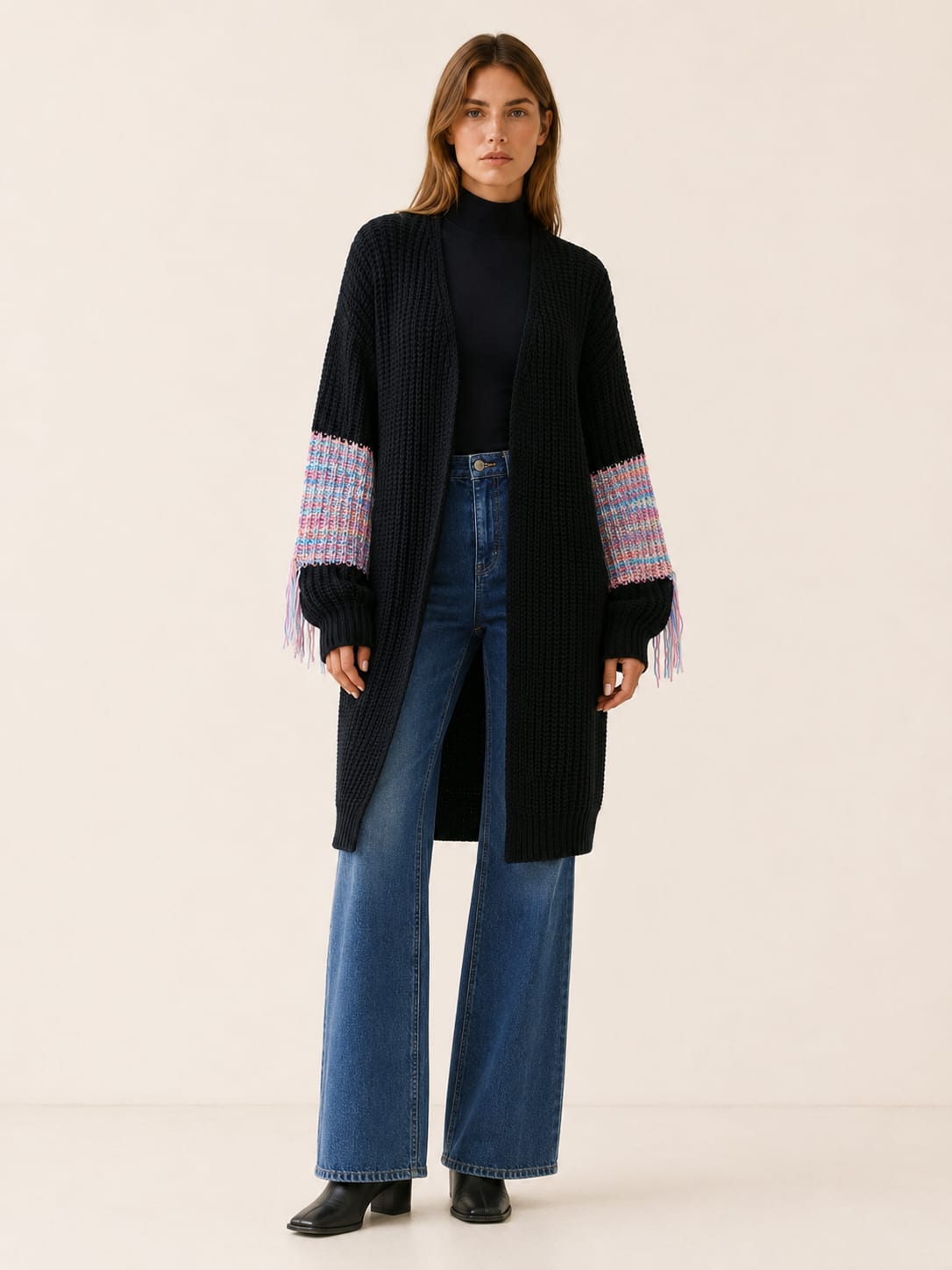 Noelle Fringe Trim Open Front Longline Knit Cardigan_7