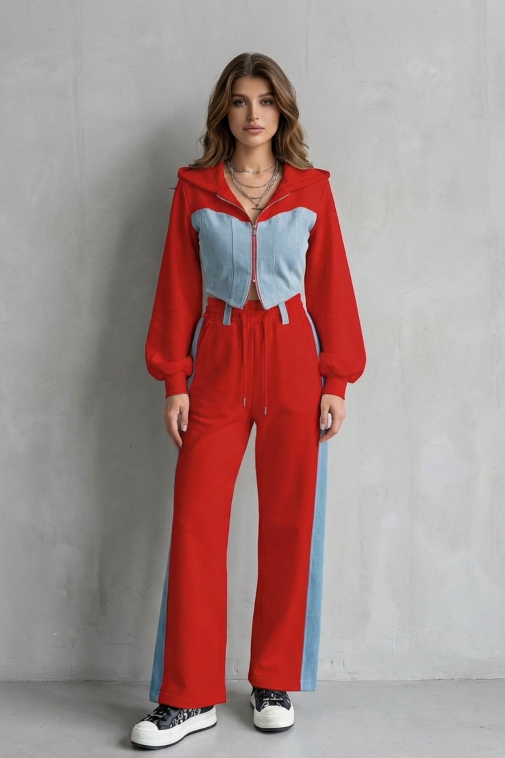 Daniella Denim Panel Hooded Two Piece Set_10