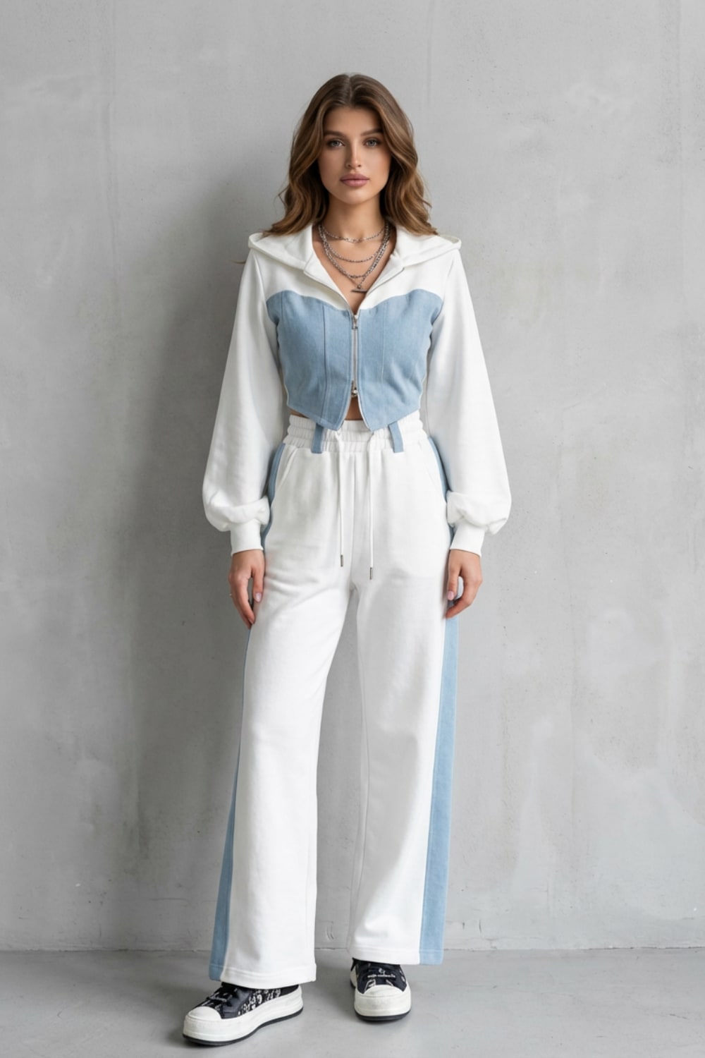Daniella Denim Panel Hooded Two Piece Set_2