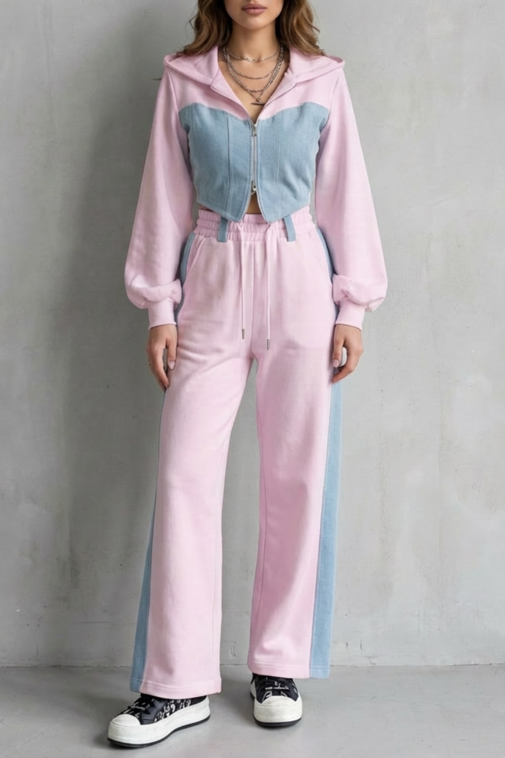 Daniella Denim Panel Hooded Two Piece Set_5