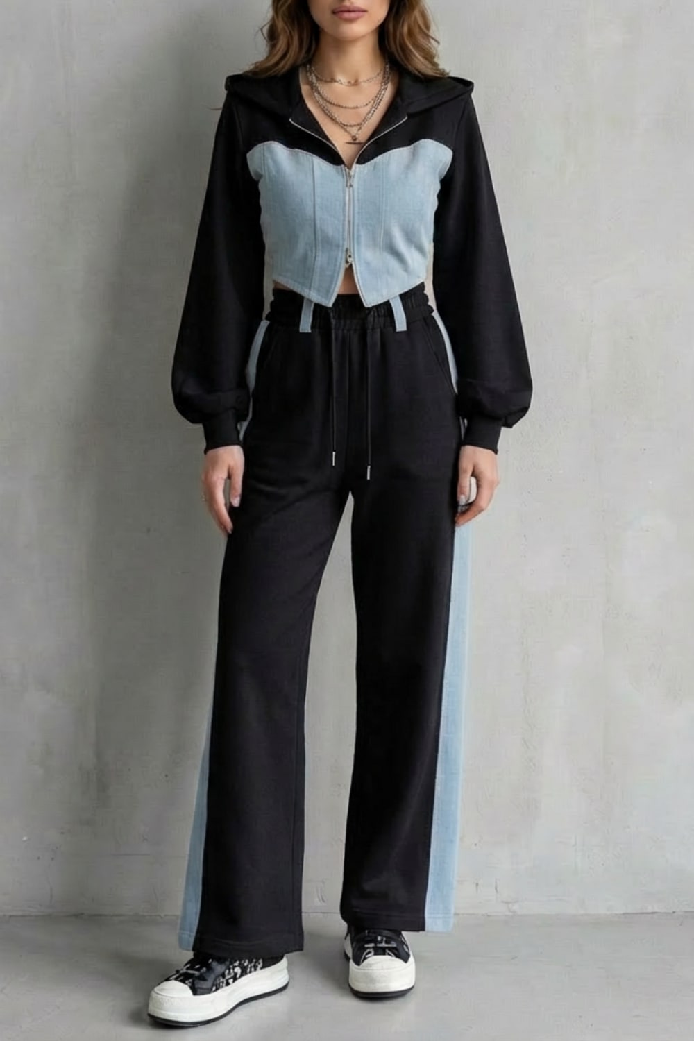 Daniella Denim Panel Hooded Two Piece Set_7