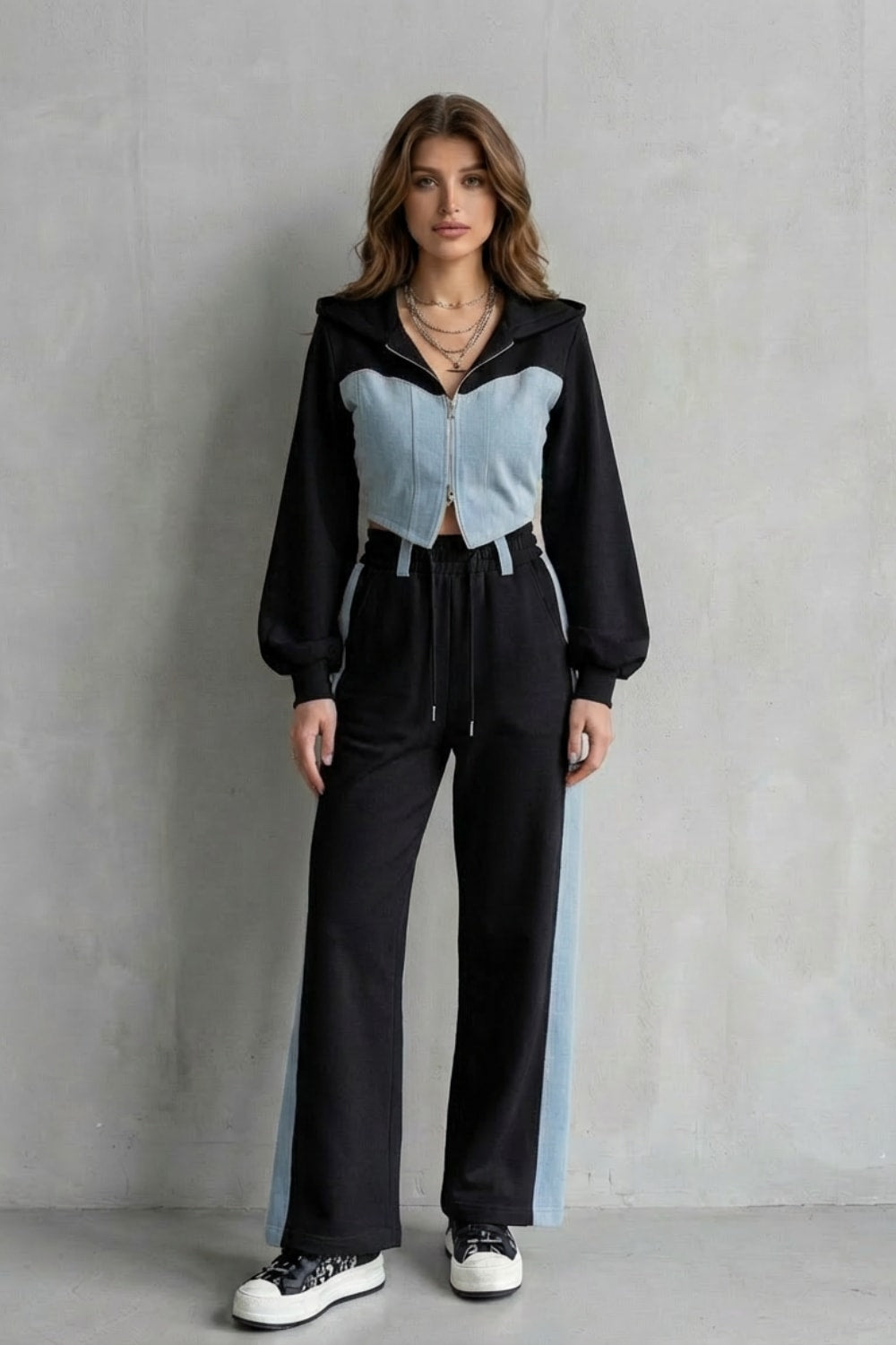 Daniella Denim Panel Hooded Two Piece Set_8