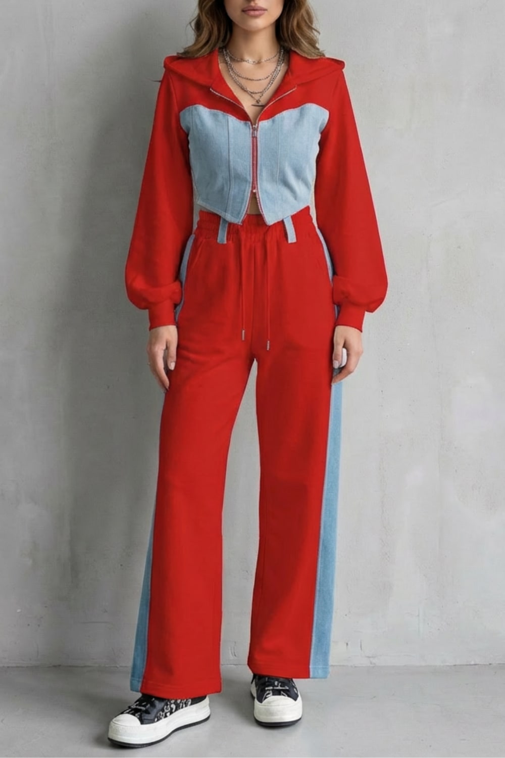 Daniella Denim Panel Hooded Two Piece Set_9