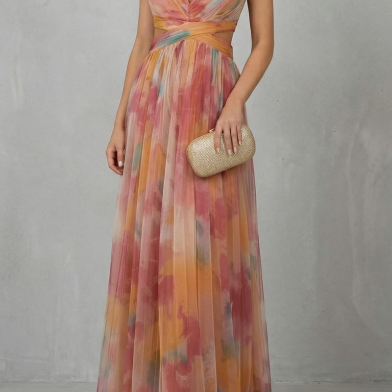 Vanda Watercolor Print Tulle Maxi Dress_1
