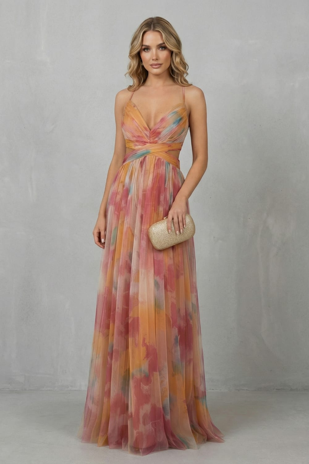Vanda Watercolor Print Tulle Maxi Dress_2