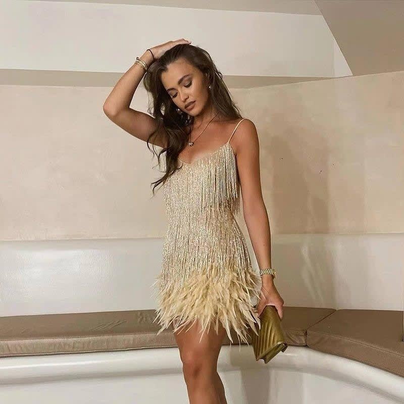 Raquel Sequin Fringe Feather Trim Cocktail Dress_10