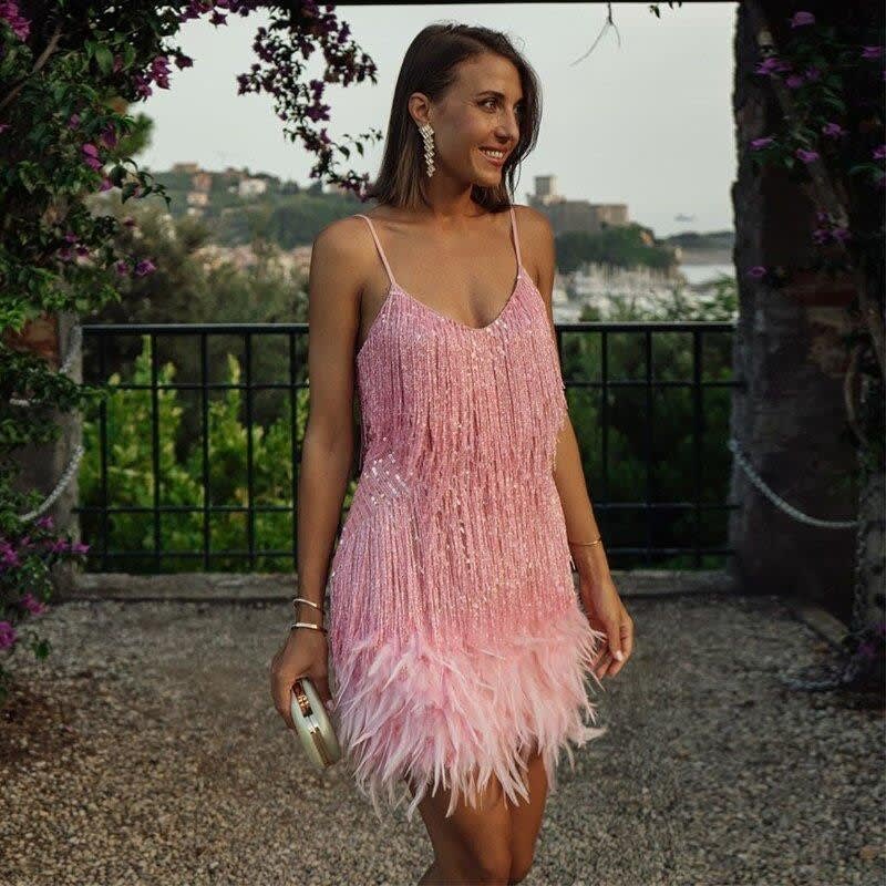 Raquel Sequin Fringe Feather Trim Cocktail Dress_4