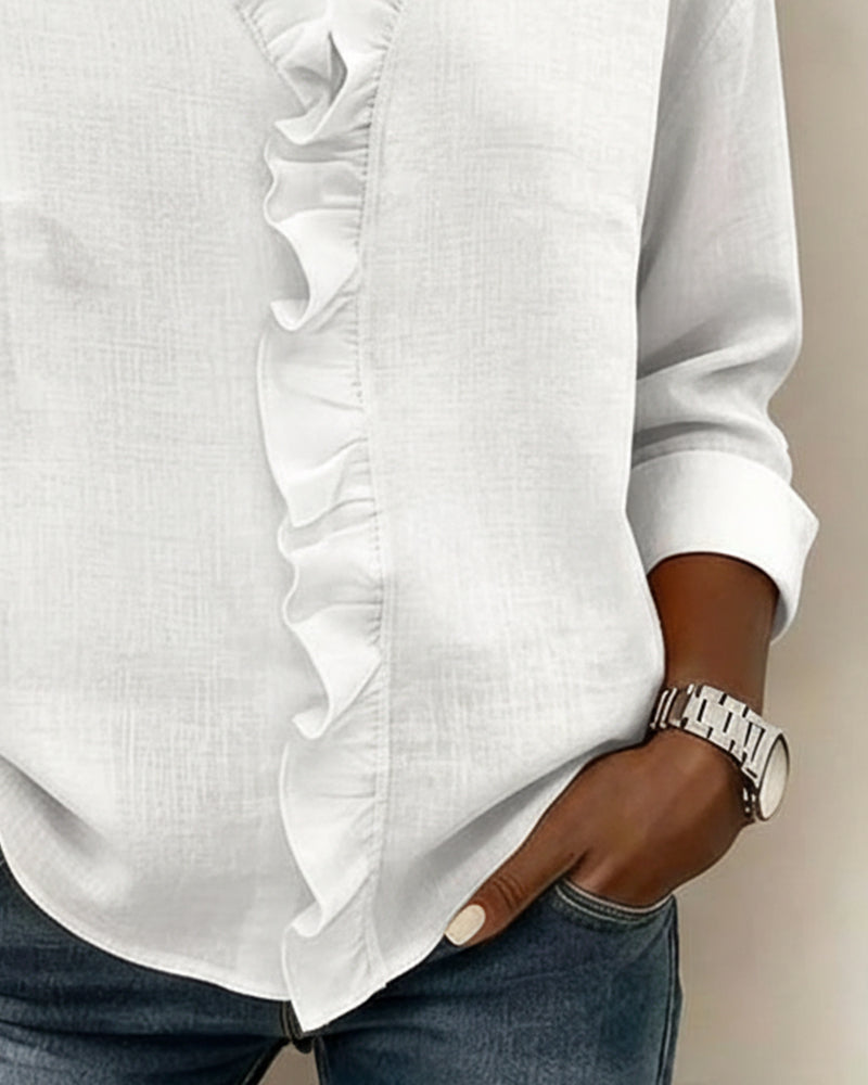 Lily Collins Ruffle V-Neck Long Sleeve Blouse