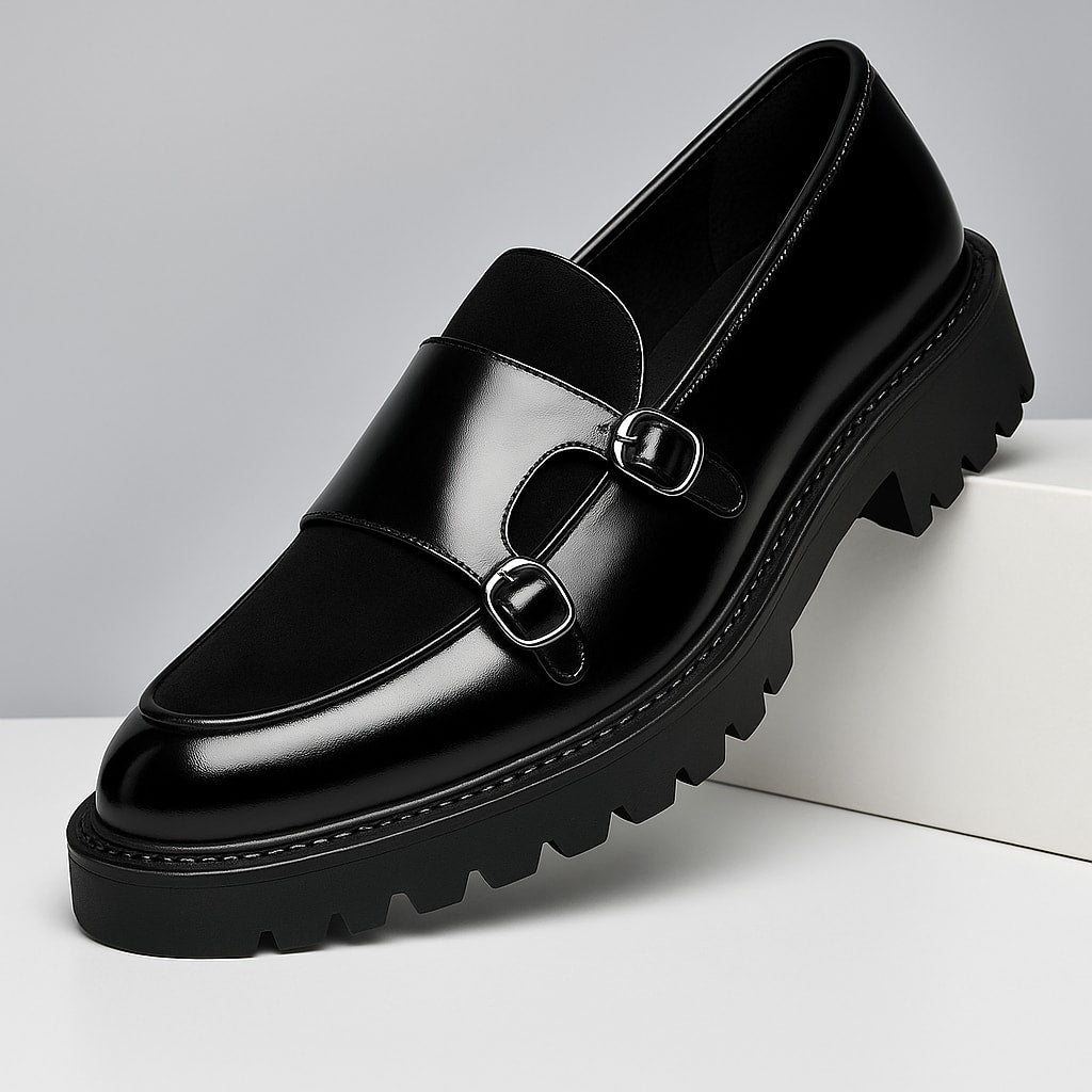 Roger Leather Suede Panel Chunky Sole Double Monk Loafers_14