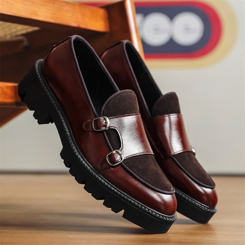 Roger Leather Suede Panel Chunky Sole Double Monk Loafers_7