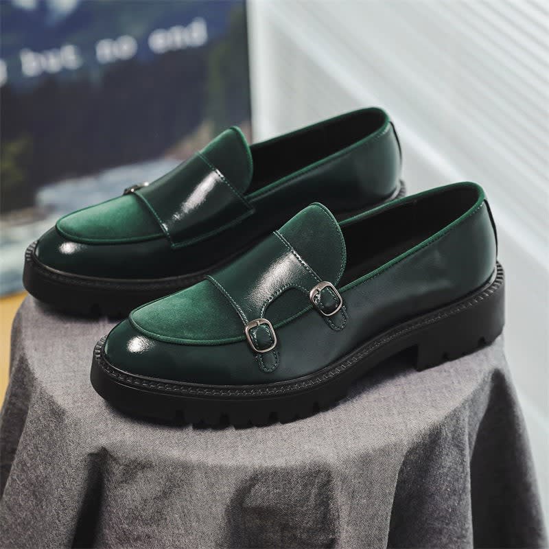 Roger Leather Suede Panel Chunky Sole Double Monk Loafers_8