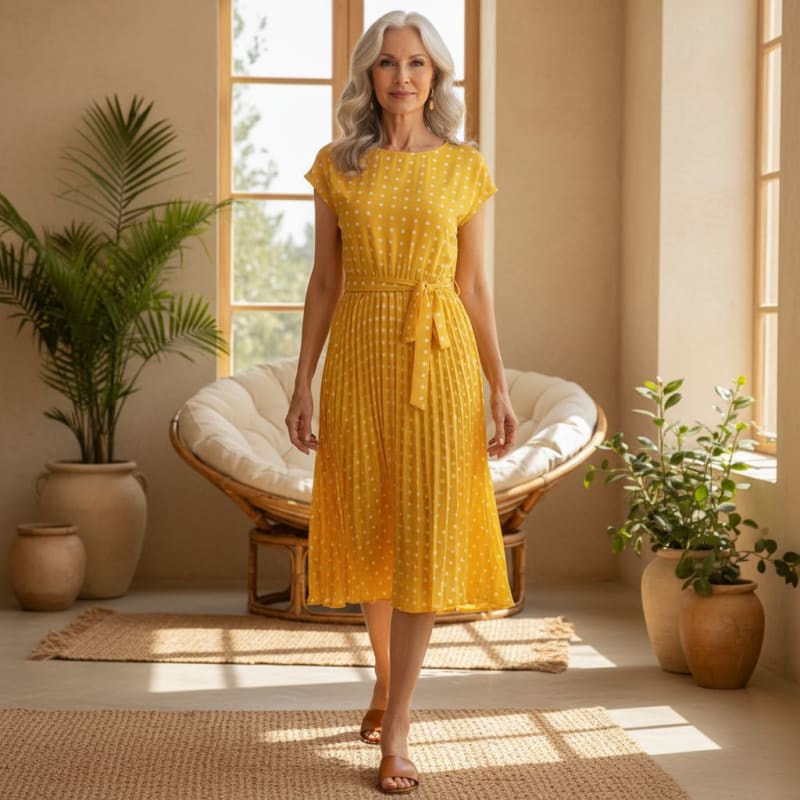 Yara Pleated Polka Dot Belted Midi Dress_1