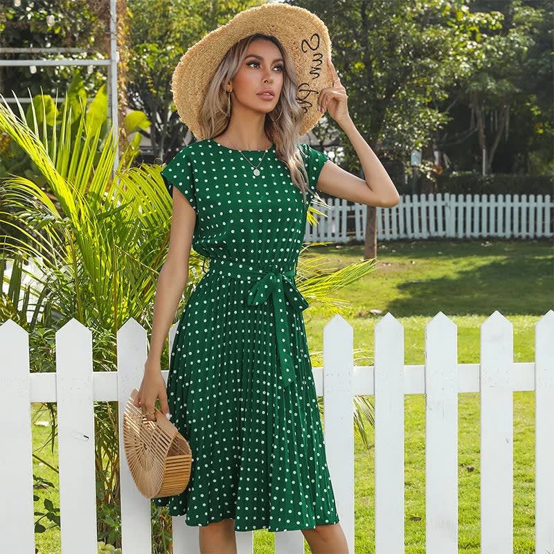 Yara Pleated Polka Dot Belted Midi Dress_11