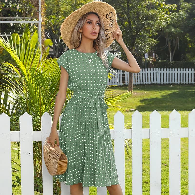 Yara Pleated Polka Dot Belted Midi Dress_8