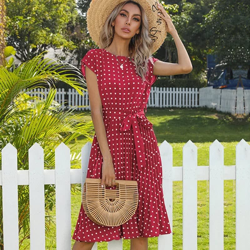 Yara Pleated Polka Dot Belted Midi Dress_9
