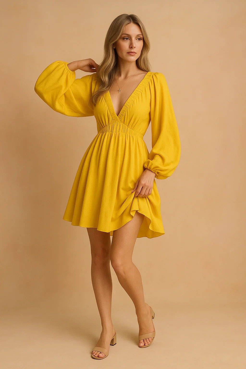 Clemence V-Neck Puff Sleeve Flowy Weekend Dress_3