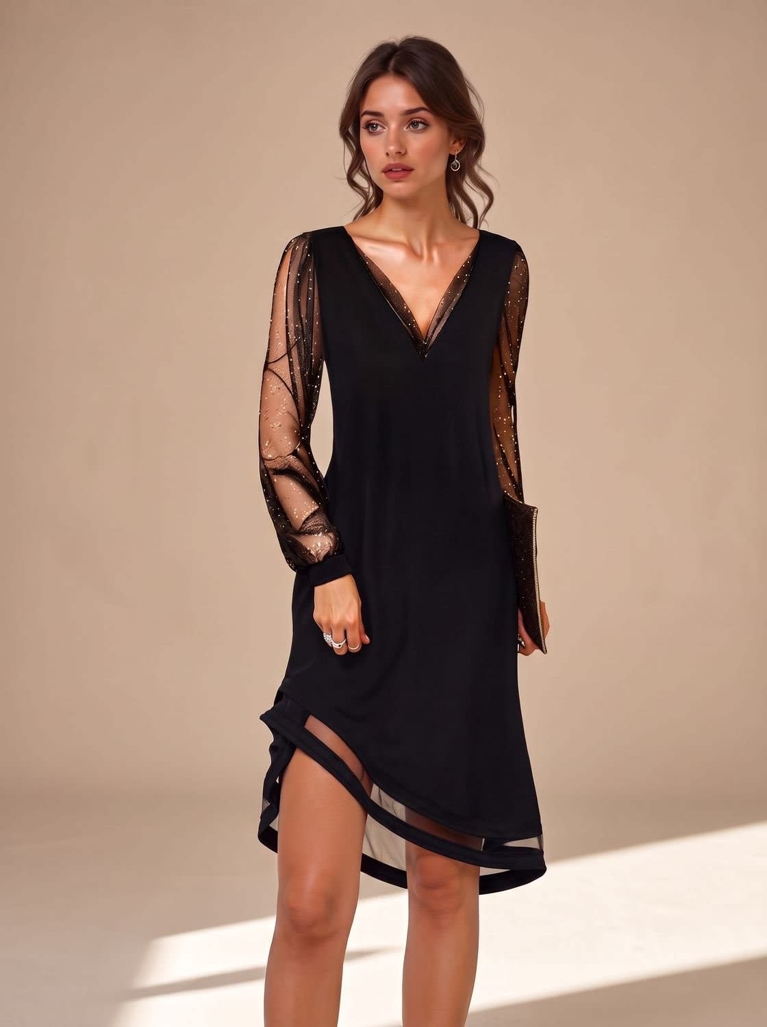 Agnes Black Sheer Sleeve Christmas Party Dress_2