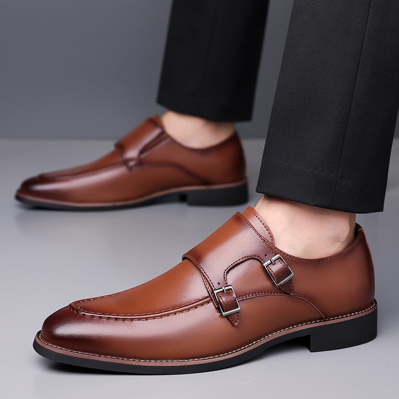 Leonard Leather Apron Toe Double Monk Strap Loafers_3