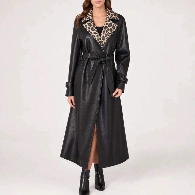 Athena Faux Leather Leopard Trim Trench Coat_1