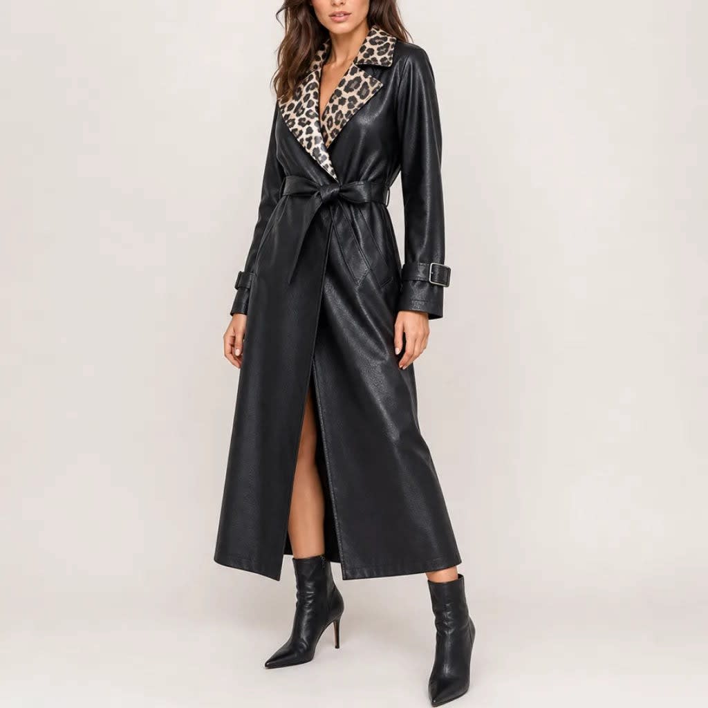 Athena Faux Leather Leopard Trim Trench Coat_2