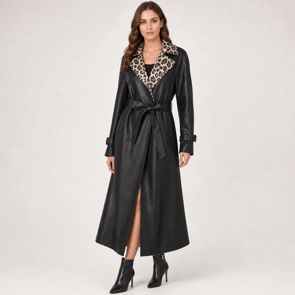 Athena Faux Leather Leopard Trim Trench Coat_3