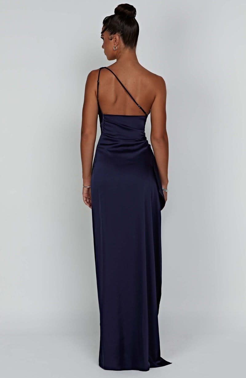 Vesper One Shoulder Satin Ruched Wedding Guest Maxi Dress_11