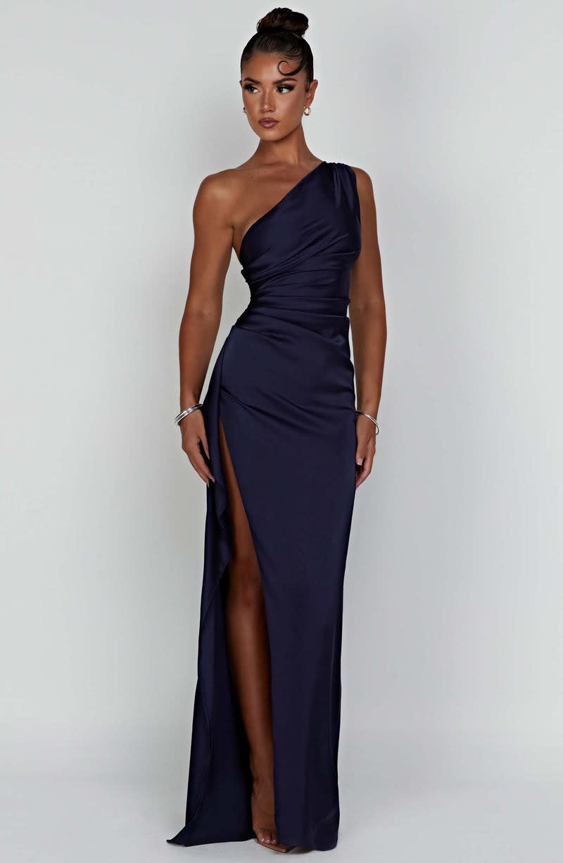 Vesper One Shoulder Satin Ruched Wedding Guest Maxi Dress_7