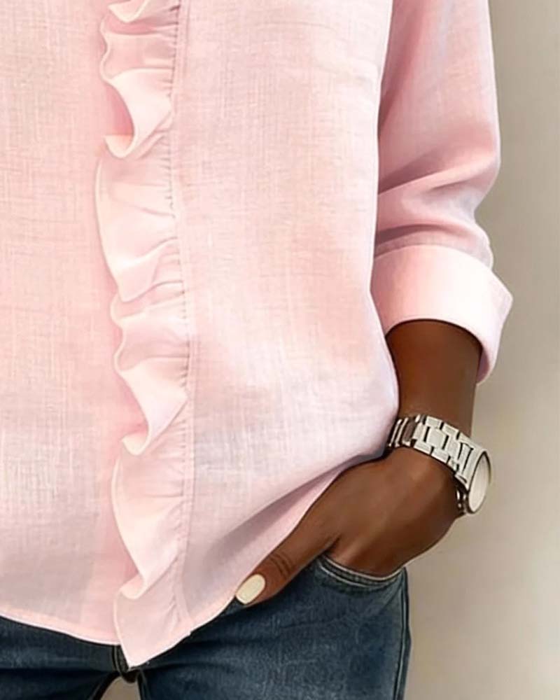 Lily Collins Ruffle V-Neck Long Sleeve Blouse