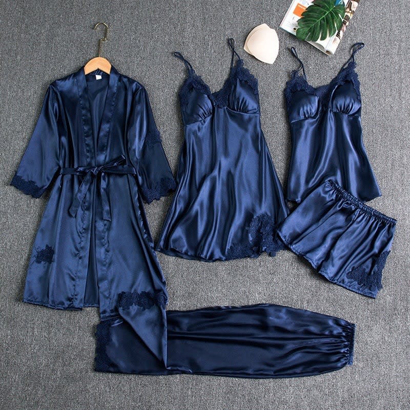 Leila Five Piece Satin Lace Pajama Set_1
