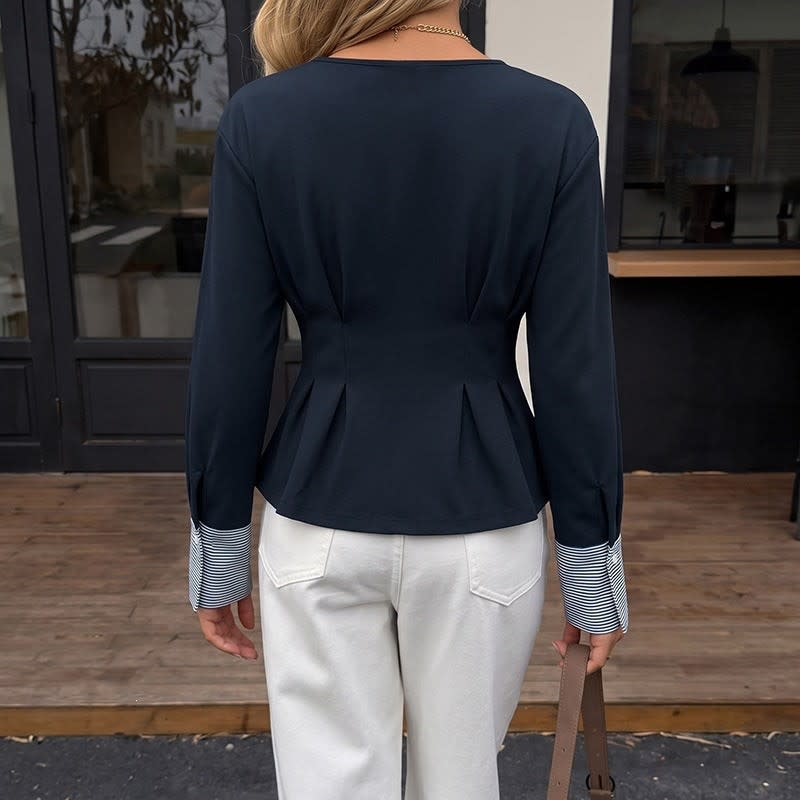 Sabine Pleated Waist Peplum Top with Striped Cuffs_4
