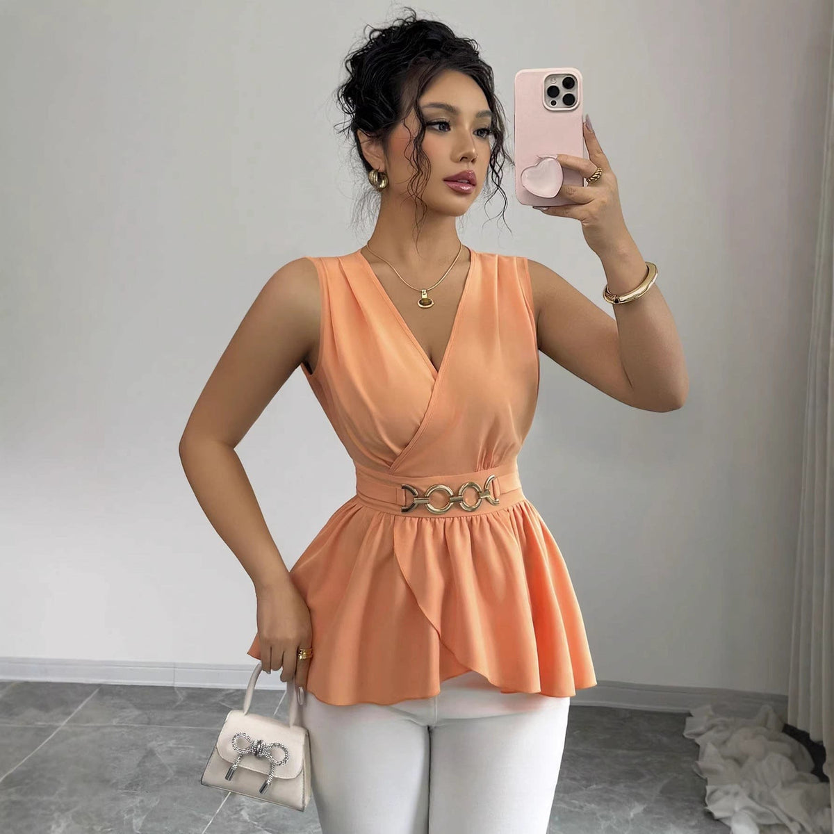 Melina Wrap V-Neck Peplum Top with Chain Belt_4