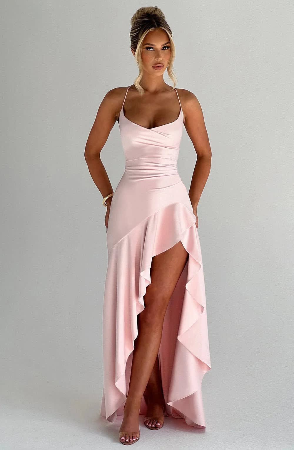 Yvaine V-Neck Satin Ruffle High Slit Evening Maxi Dress_8